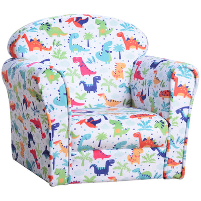 HOMCOM Children Armchair Kids Sofa Tub Chair Seat Cartoon Dinosaur Pattern Bedroom Flannel Wooden Frame Non-slip Playroom Seater 