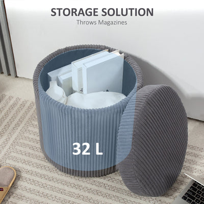 HOMCOM 40cm Round Storage Ottoman, Corduroy Footstool with Removable Lid and Legs, Vanity Stool for Living Room, Bedroom, Grey 