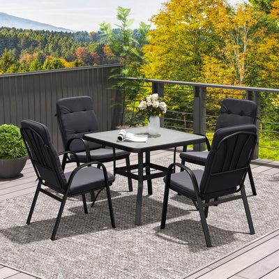 Outsunny 5 Pieces Outdoor Square Garden Dining Set w/ Tempered Glass Dining Table 4 Cushioned Armchairs, Umbrella Hole, Black 