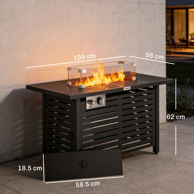 Outsunny Propane Gas Fire Pit Table, Outdoor Firepit with 43" Steel Tabletop and Lid, 50,000 BTU Pulse Ignition Fire Table w/ Stainless Steel Burner, Glass Wind Guard, and Cover 