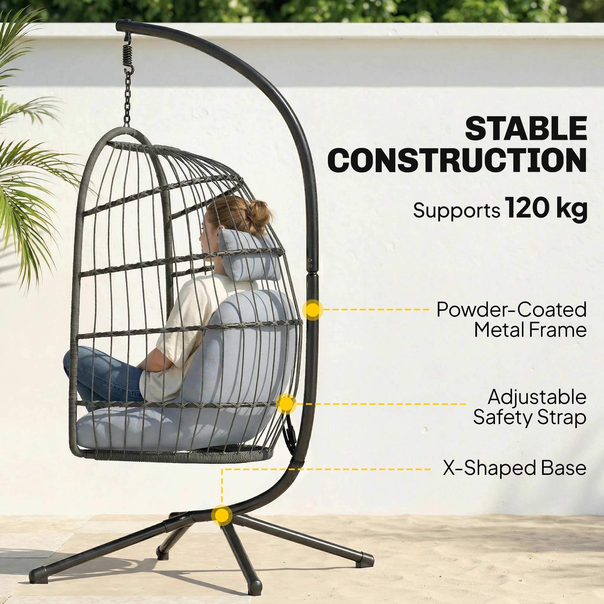 Outsunny Hanging Egg Chair, Indoor Outdoor Hammock Swing Chair with Stand, Safety Strap, Foldable Basket, Dark/Light Grey 