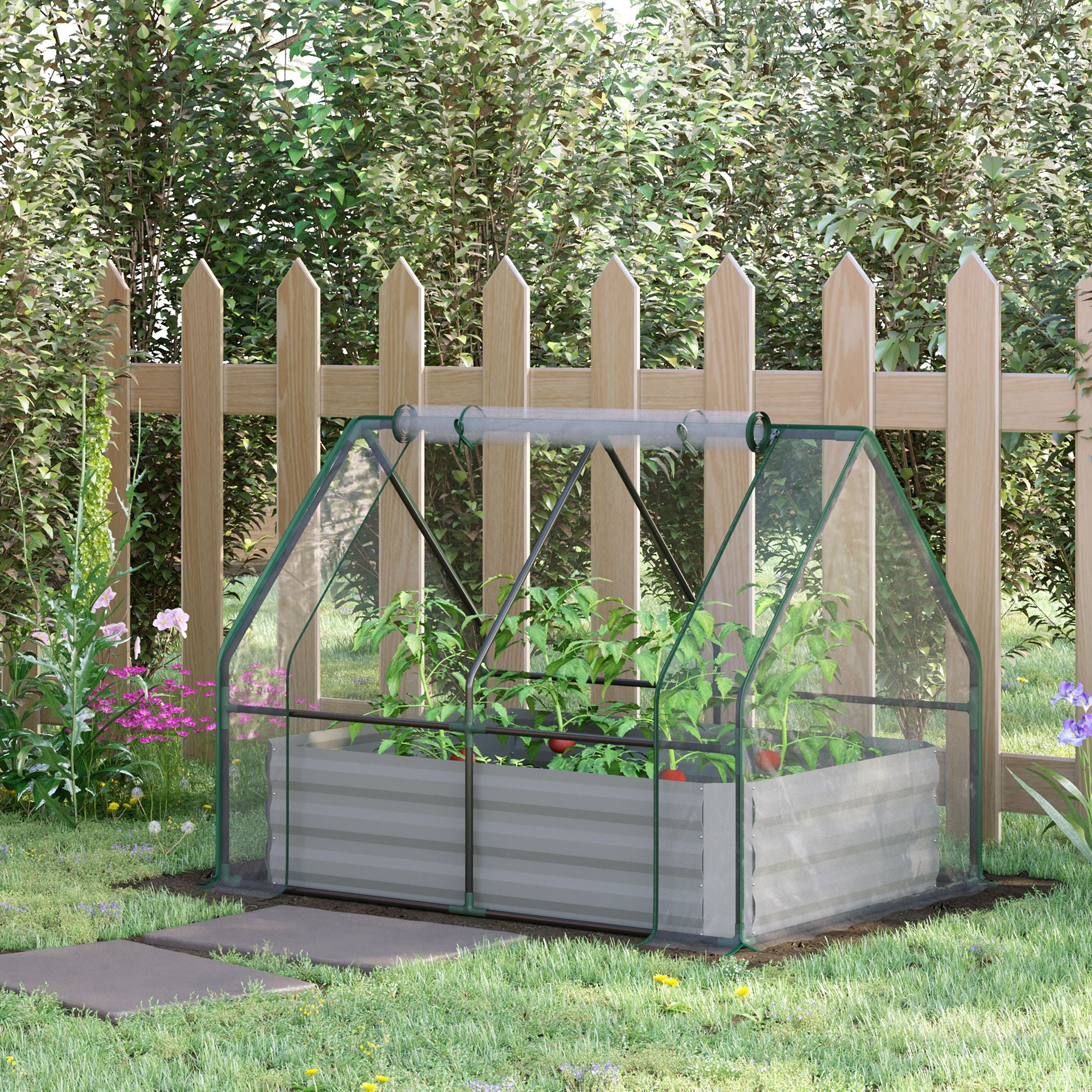 Outsunny Raised Garden Bed with Greenhouse, Steel Planter Box with Plastic Cover, Roll Up Window, Dual Use for Flowers, Vegetables, Fruits and Herbs, 127L x 95W x 92H cm, Clear 