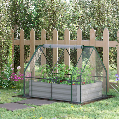 Outsunny Raised Garden Bed with Greenhouse, Steel Planter Box with Plastic Cover, Roll Up Window, Dual Use for Flowers, Vegetables, Fruits and Herbs, 127L x 95W x 92H cm, Clear 
