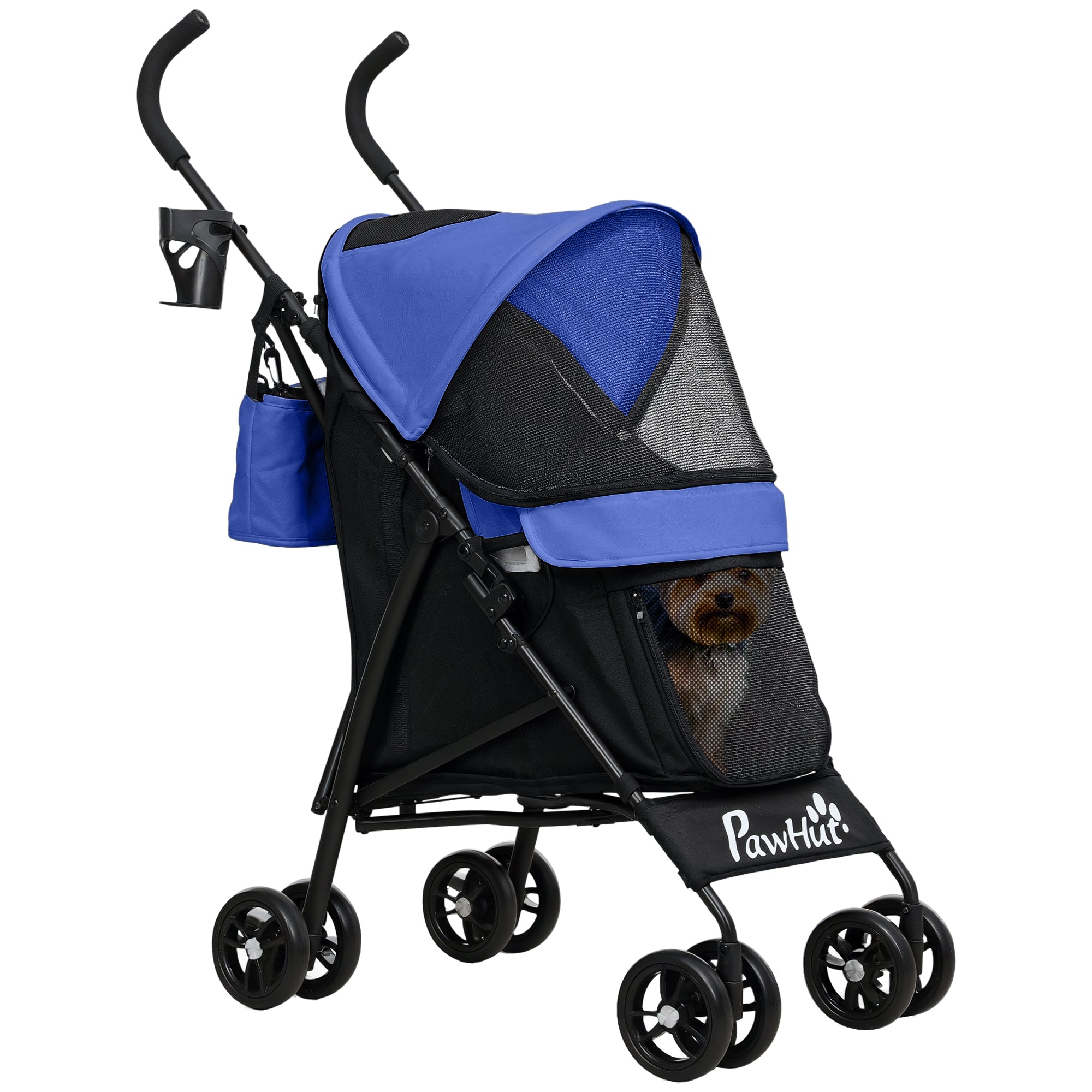 PawHut Umbrella Structure Dog Stroller, Lightweight & Portable Dog Pram w/ Shoulder Strap, Storage Bag & Cup Holder, Dark Blue 