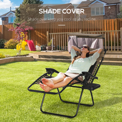 Outsunny Zero Gravity Lounger Chair, Folding Reclining Patio Chair with Shade Cover, Padded Seat, Cup Holder, Soft Cushion and Headrest for Poolside, Camping, Coffee 