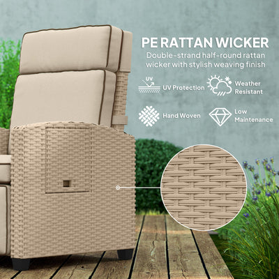 Outsunny Rattan Garden Recliner Chair, Adjustable Backrest Reclining Rattan Chair with Flip Table, Cushion and Footrest, Indoor Outdoor Lounge Reclining Sun Lounger for Patio, Yellow/Beige 