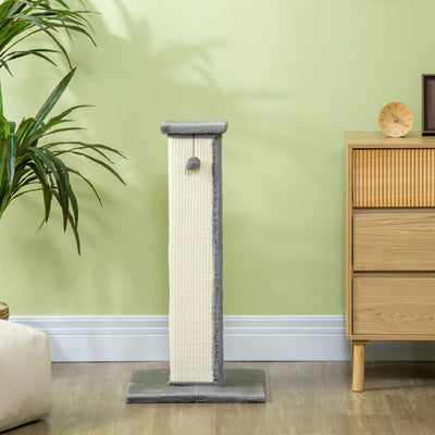 PawHut 81cm Cat Scratcher, Vertical Full Scratcher w/ Natural Sisal Rope, Hanging Ball, Soft Plush - Grey 