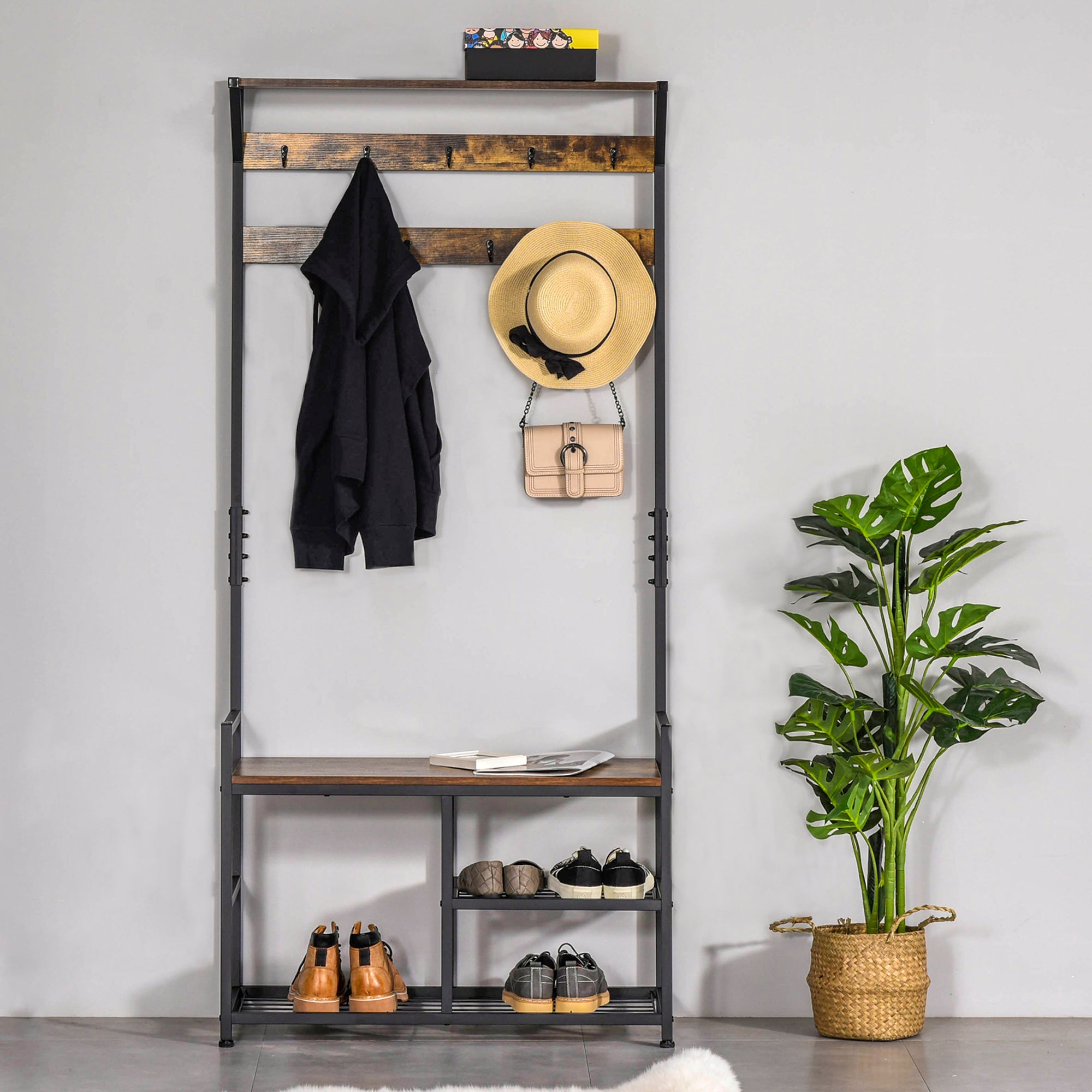 HOMCOM Coat Rack Stand Shoe Storage Bench with 9 Hooks Shelves for Bedroom Living Room Entryway Brown and Black 180cm 