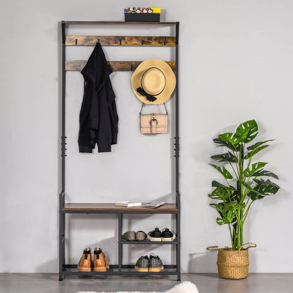 HOMCOM Coat Rack Stand Shoe Storage Bench with 9 Hooks Shelves for Bedroom Living Room Entryway Brown and Black 180cm 