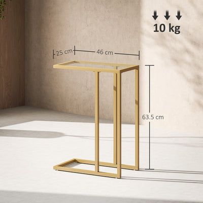 HOMCOM C-Shaped Side Table, Modern Slim End Table with Tempered Glass Tabletop, Steel Frame for Small Space, Living Room, Bedroom, Gold Tone 