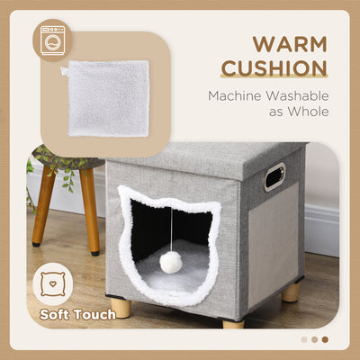 PawHut 2 in 1 Cat Bed Ottoman, Comfortable Cat Sleeping Cave House w/ Removable Cushion, Scratching Pad, Handles, Anti-Slip Foot Pad, Toy Ball, Entrance - Grey 