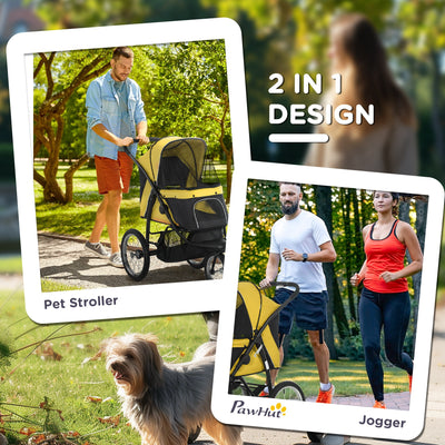 PawHut Foldable Pet Stroller Jogger, with Three Wheels, Canopy, for Medium and Small Dogs, Yellow 