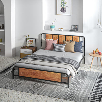 HOMCOM 5.2ft King Bed Frame with Industrial Wood Headboard, Steel Slat Support and 31cm Underbed Storage Space, 160 x 207cm, Rustic Brown 