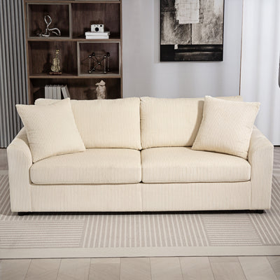 HOMCOM Modern 3 Seater Sofa with Spring Cushion, 212 cm Fabric Jumbo Cord Sofa Couch with 2 Scatter Cushions, Upholstered Corduroy Settee for Living Room, Bedroom, Home Office, Cream White 
