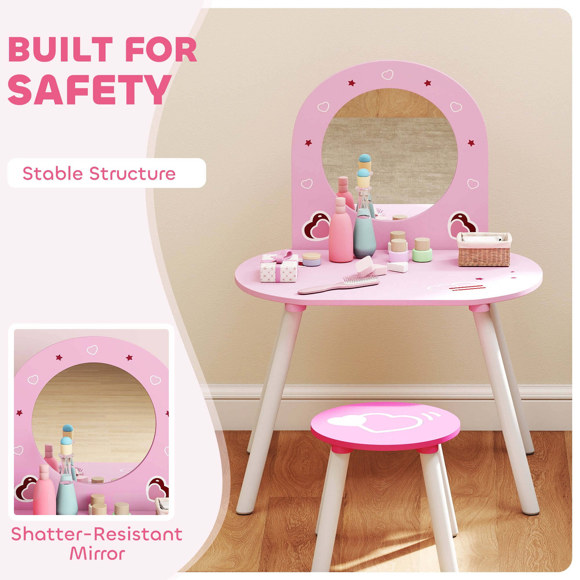 AIYAPLAY Kids Dressing Table with Mirror and Stool, Girls Vanity Set for Kids Room, Bedroom, Nursery, for Ages 3–6 Years, Pink 