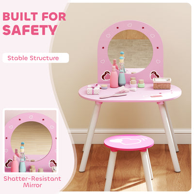 AIYAPLAY Kids Dressing Table with Mirror and Stool, Girls Vanity Set for Kids Room, Bedroom, Nursery, for Ages 3–6 Years, Pink 