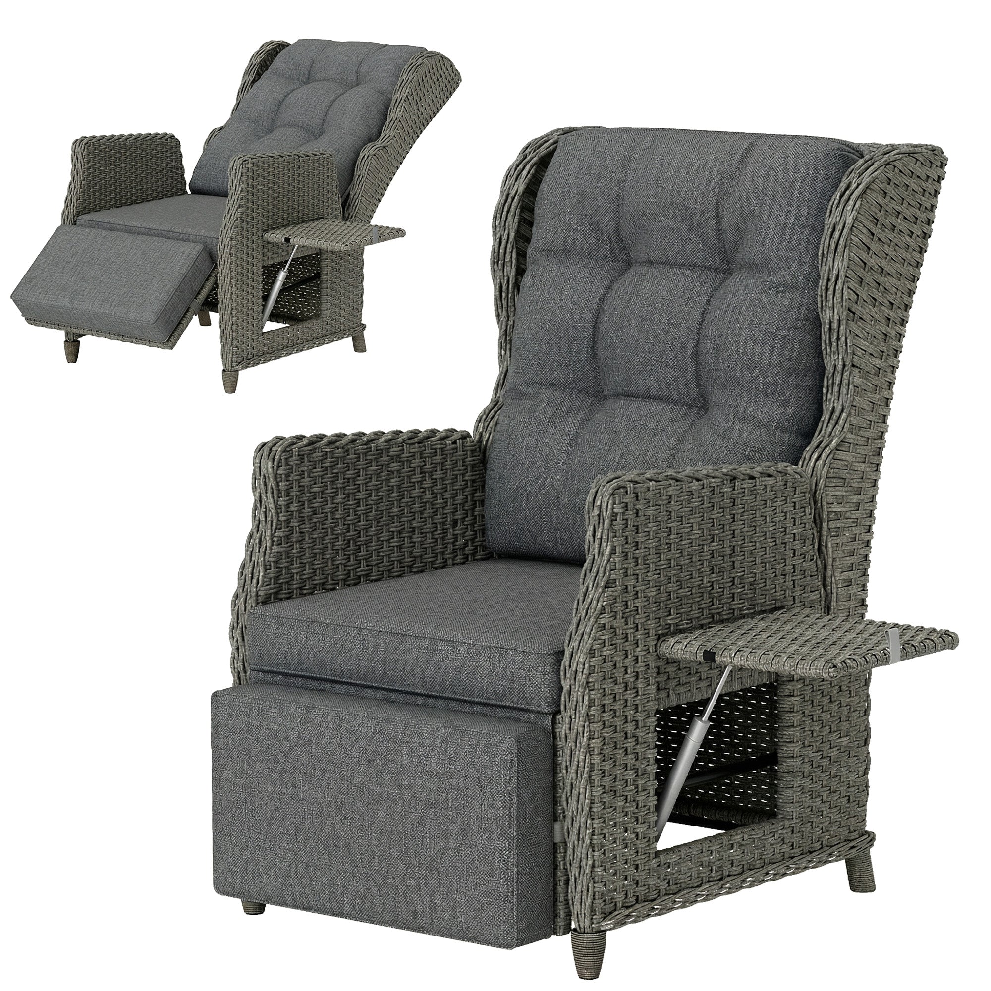 Outsunny Rattan Garden Recliner Chair, Reclining Garden Chair with Adjustable Back and Footrest, Flip Table, Cushion, Dark Grey 