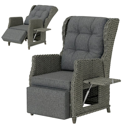 Outsunny Rattan Garden Recliner Chair, Reclining Garden Chair with Adjustable Back and Footrest, Flip Table, Cushion, Dark Grey 