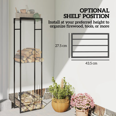Outsunny Metal Firewood Log Holder, Heavy Duty Firewood Rack with Adjustable Shelf, Indoor Outdoor Fireplace Wood Storage Shelf, 45 x 31 x 170 cm, Black 
