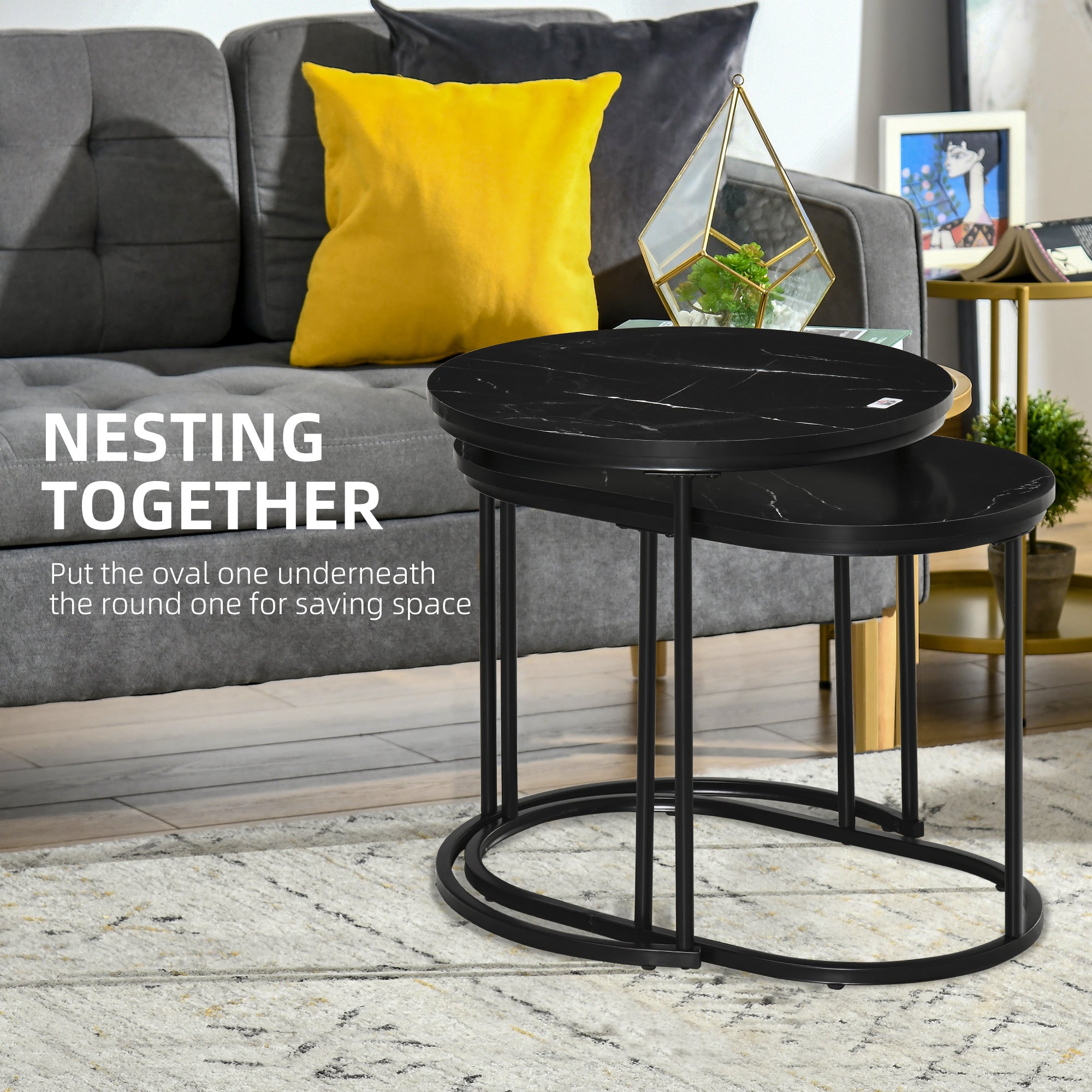 HOMCOM Marble-Effect Nest of Tables - Black/White 