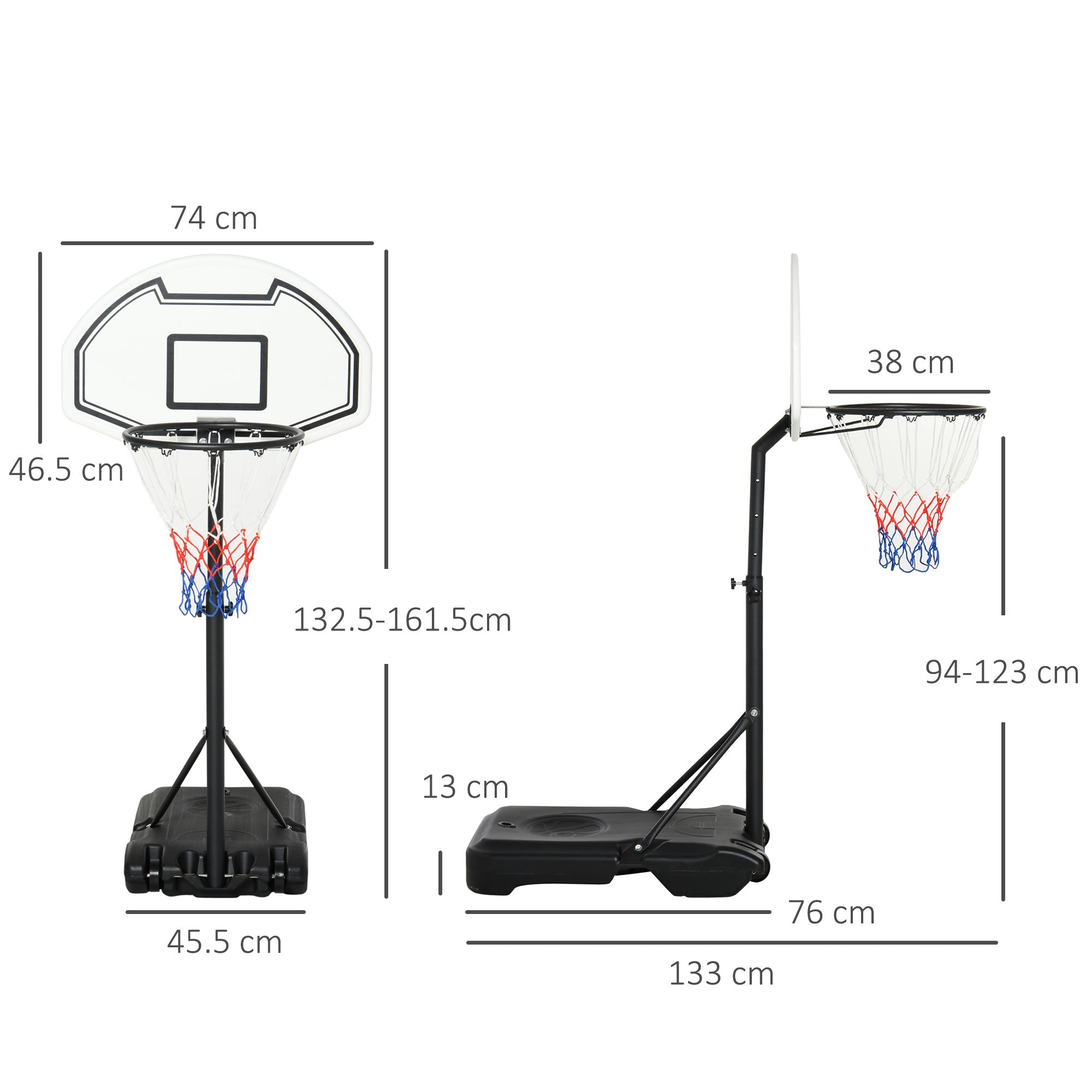 HOMCOM Portable Basketball Stand 94-123cm Basket Height Adjustable Hoop For Adults Suitable for Pool Side 