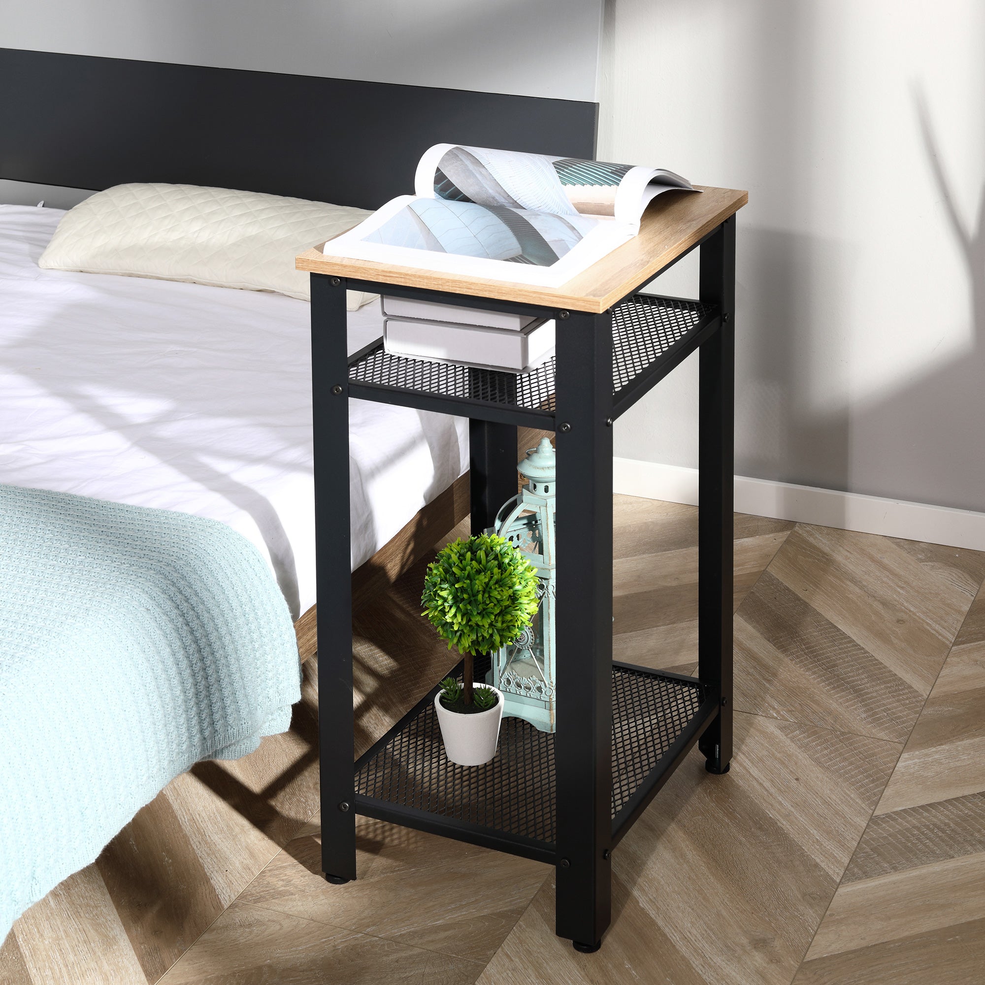 HOMCOM Tall Side Table with 3 Layer 2 Shelves Storage Display Industrial-Style Metal Frame Bedside End Table Nightstand for Living Room Bedroom Lounge 