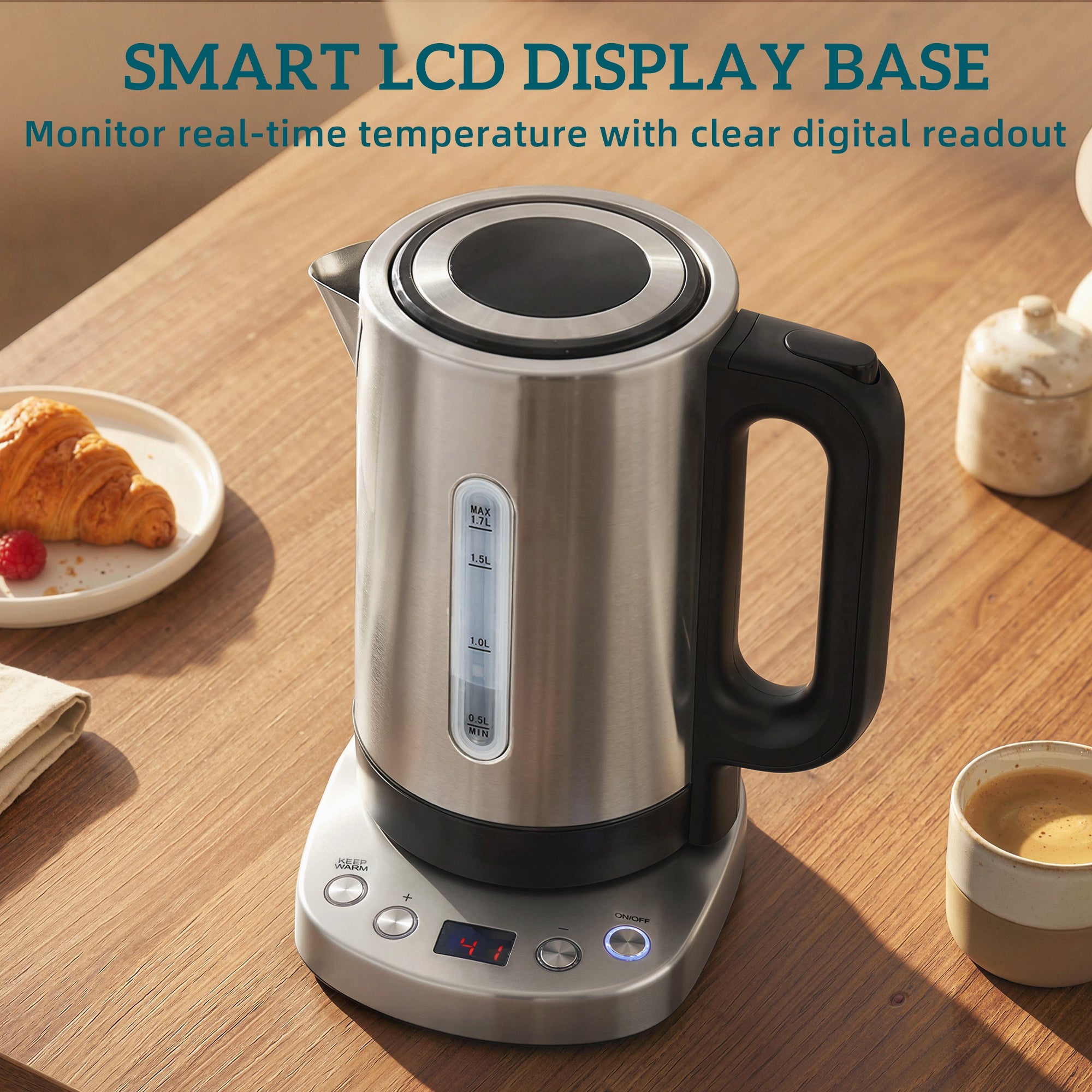 HOMCOM Electric Kettle, 1.7L, Fast Boil, 3kW Water Kettle with UK Strix Thermostat, Keep Warm Function, LCD Base, Silver Tone 