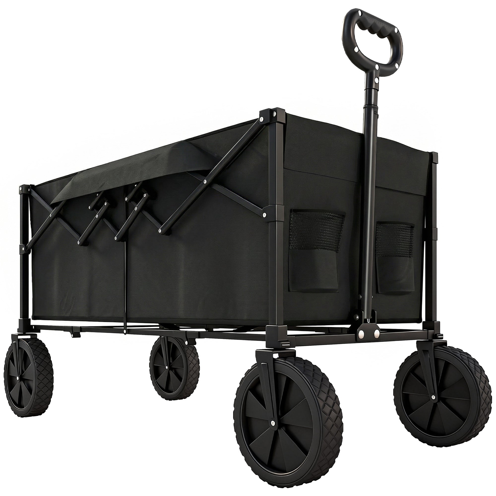 Outsunny 95L Foldable Festival Trolley on Wheels, Collapsible Wagon Cart with Adjustable Handle and 2 Cup Holders, Black 