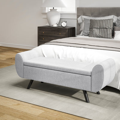 HOMCOM Storage Ottoman with Armrest, Upholstered Linen Storage Bench, Window Seat with Rubberwood Legs, Footstool for Bedroom Living Room, Hallway, Light Grey 