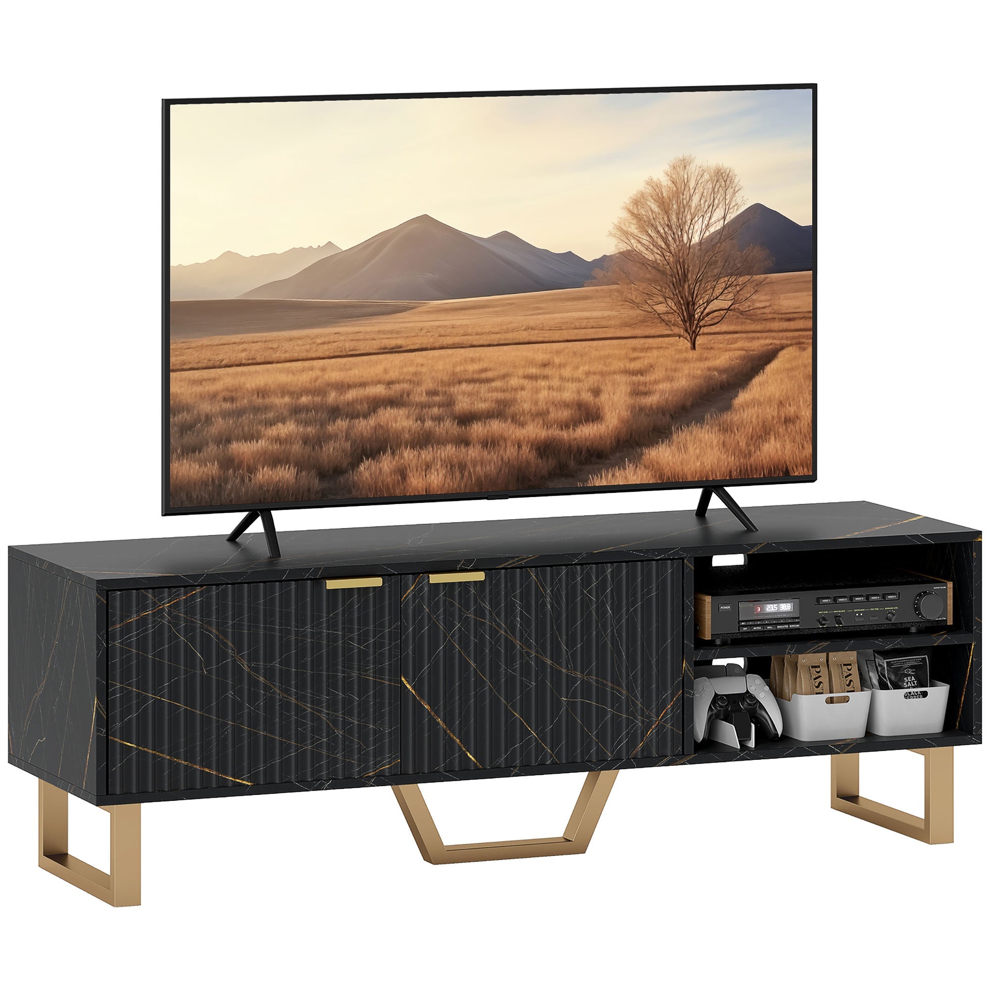 HOMCOM Marble Effect TV Unit, TV Stand Cabinet for up to 70" TVs, Modern TV Cabinet with Shelves and Storage Cupboard, Fluted Door, Extra Centre Leg, Cable Management for Living Room, Black 