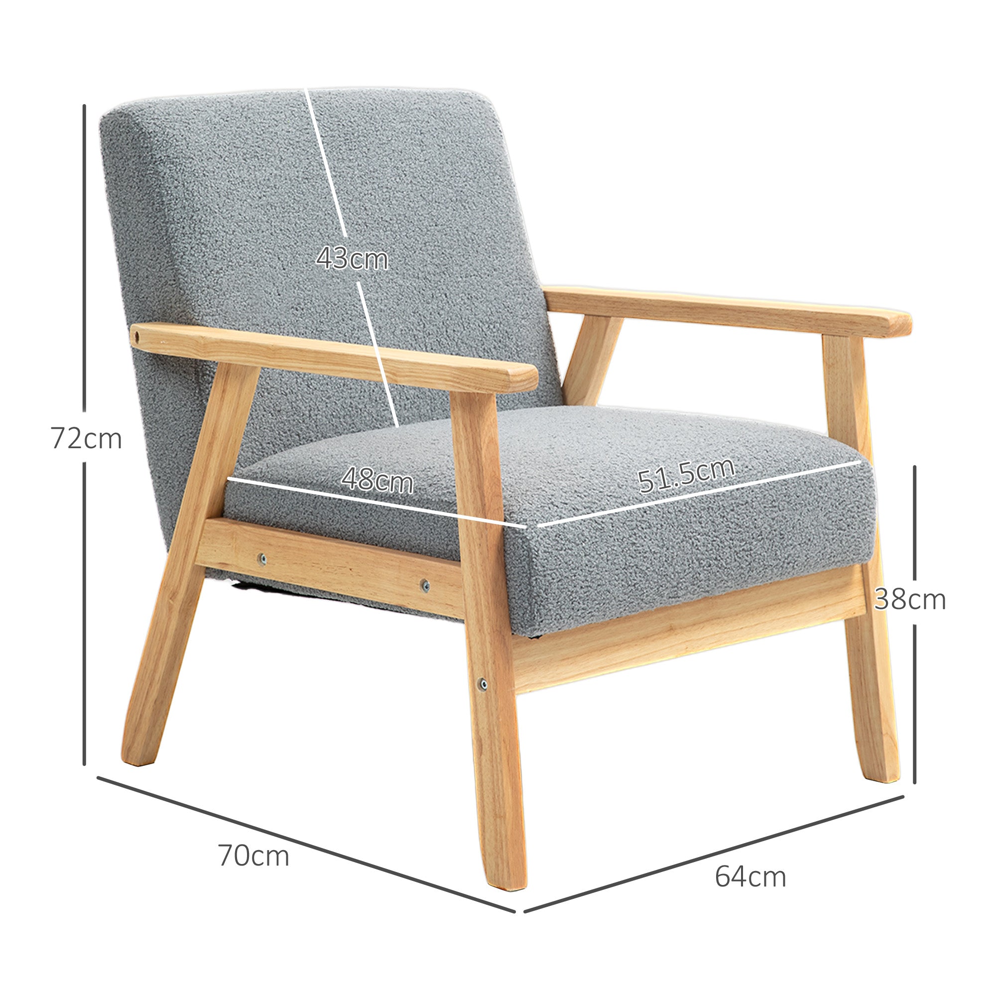 HOMCOM Accent Chair Wood Frame with Thick Cashmere Cushions Wide Seat Armchair Home Furniture Bedroom Office Grey 