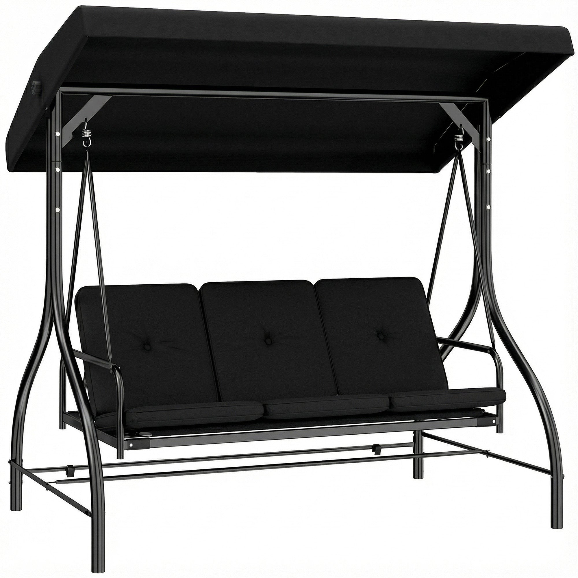 Outsunny 3 Seater Canopy Swing Chair, 2 in 1 Garden Swing Seat Bed, with Adjustable Canopy and Metal Frame, Black 