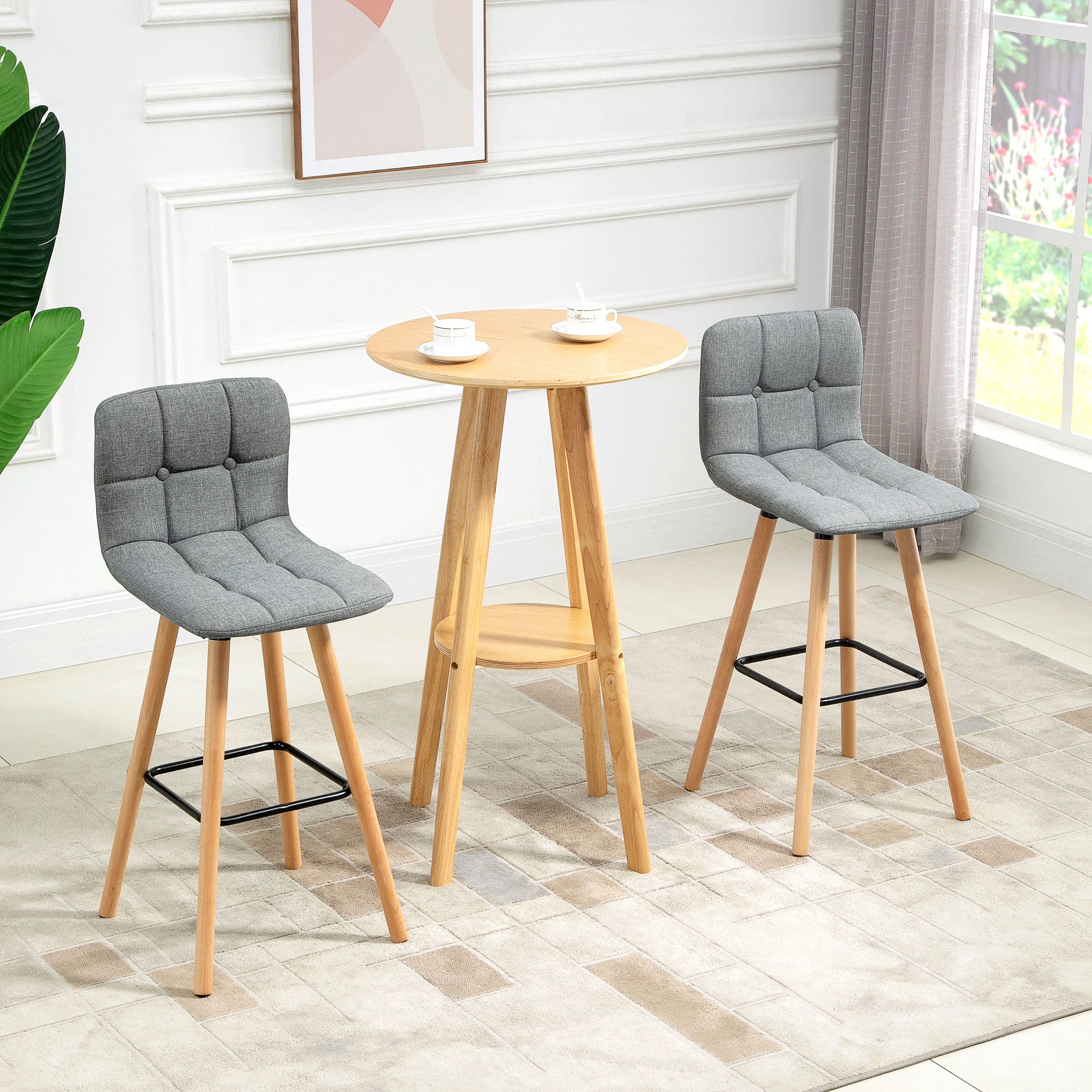 HOMCOM Bar stool Set of 2 Armless Button-Tufted Counter Height Bar Chairs with Wood Legs & Footrest, Grey 