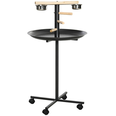 PawHut Metal Bird Table Play Stand, Bird Feeder Station Parrot Perch with Four Wheels Feeding Bowls Round Tray 