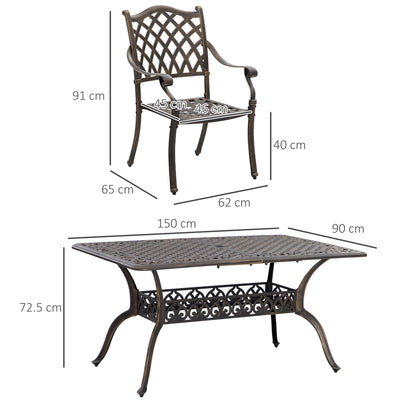 Outsunny 7 PCs Garden Patio Dining Set with Parasol Hole, Cast Aluminium Outdoor Furniture Set with Six Cushioned Chairs and Rectangle Dining Table, for Garden, Lawn, Deck, Bronze Tone 