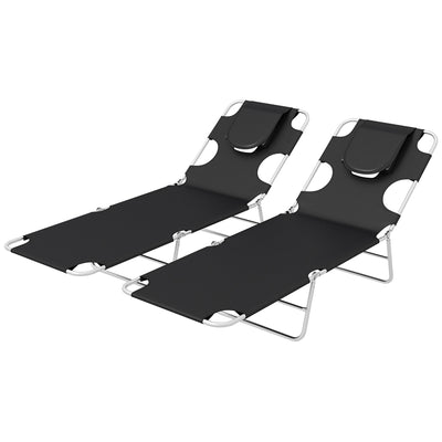 Outsunny Foldable Sun Lounger Set of 2, Beach Chaise Lounges with Reading Hole, Arm Slots, 5-Position Adjustable Backrest, Side Pocket, Pillow for Patio, Garden, Beach, Pool, Black 