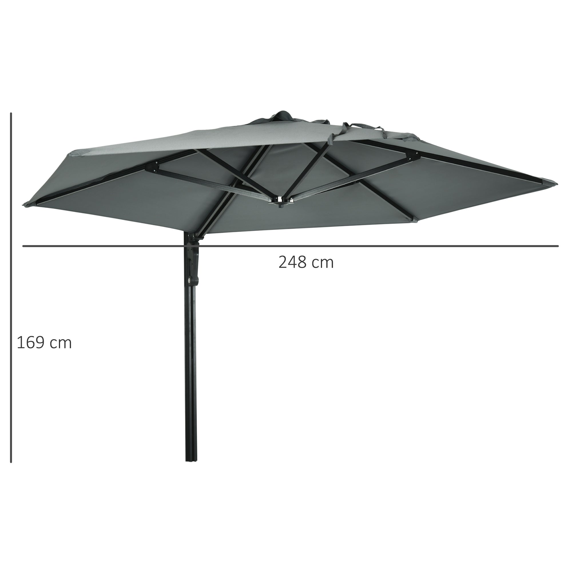 Outsunny 2.5m Wall Mounted Parasol, Hand to Push Outdoor Patio Umbrella with 180 Degree Rotatable Canopy for Porch, Deck, Garden, 250 cm, Grey 