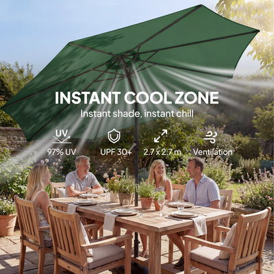 Outsunny 2.7 m Garden Parasol Umbrella with Cross Base and Sandbag, Retractable Ribs, Outdoor Table Market Umbrella, Green 