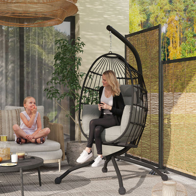 Outsunny Hanging Egg Chair Outdoor Indoor Garden Swing Chair with Folding Basket and Thickened Cushion, Garden Hanging Chair with Stand, Headrest, Cup Holder for Patio, Balcony, Dark Grey 