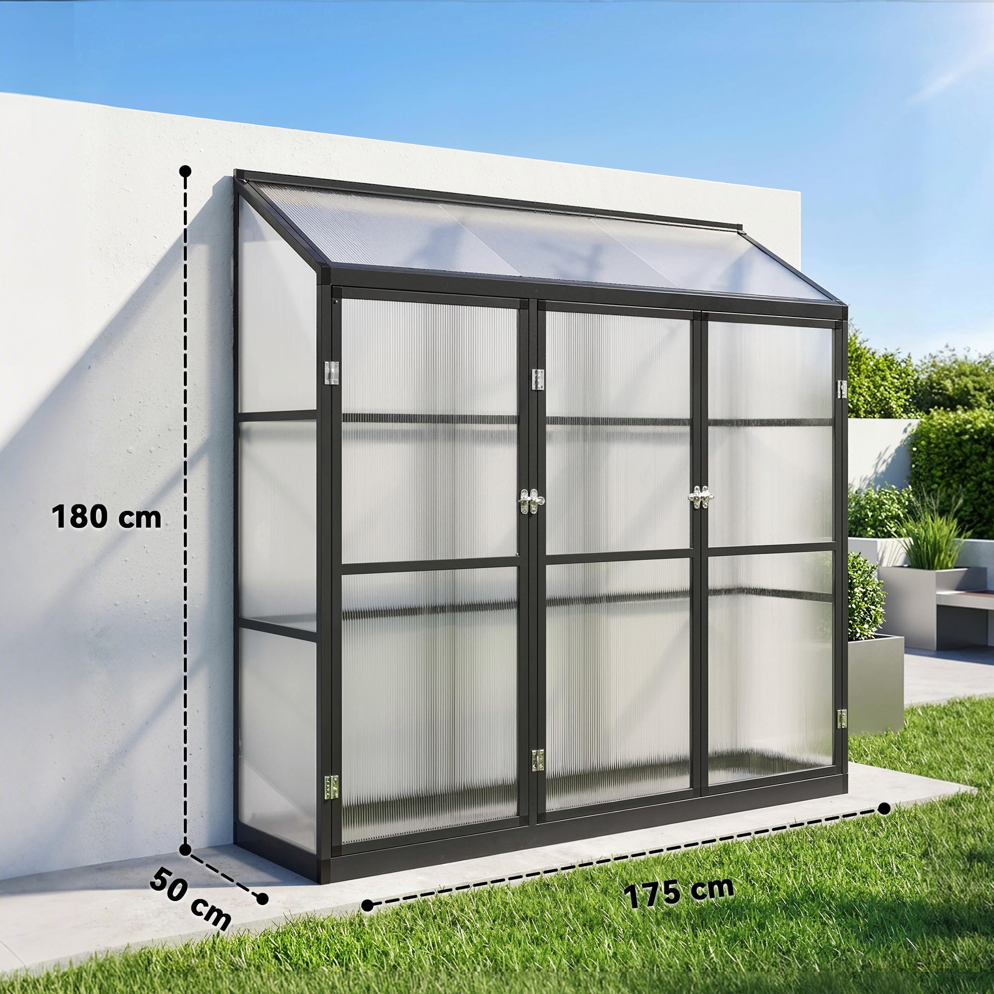 Outsunny Polycarbonate Greenhouse with 3 Hinged Doors, Top Vent, Lean-to Green House, Walk-in Greenhouse, 6 x 1.5ft, Black 