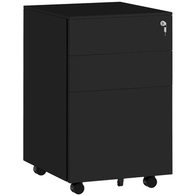 Vinsetto 3-Drawer Vertical Filing Cabinet with Pencil Tray, Lock and 5 Wheels, Steel Mobile File Cabinet, for A4, Legal and Letter Size, Pre-Assembled Body, Black 