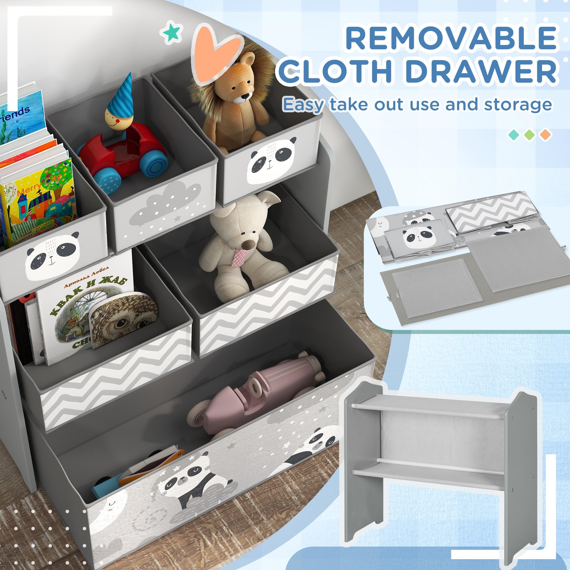 ZONEKIZ Kids Storage Unit, Toy Storage Organiser, with Six Fabric Bins, for Bedrooms, Playrooms, Nurseries - Grey 