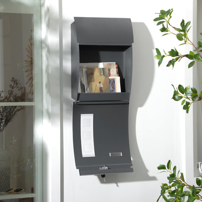 HOMCOM Wall Mounted Letter Box, Weatherproof Post Box for Outside Wall, Modern Mailbox with 2 Keys and Nameplate, Anthracite Grey 
