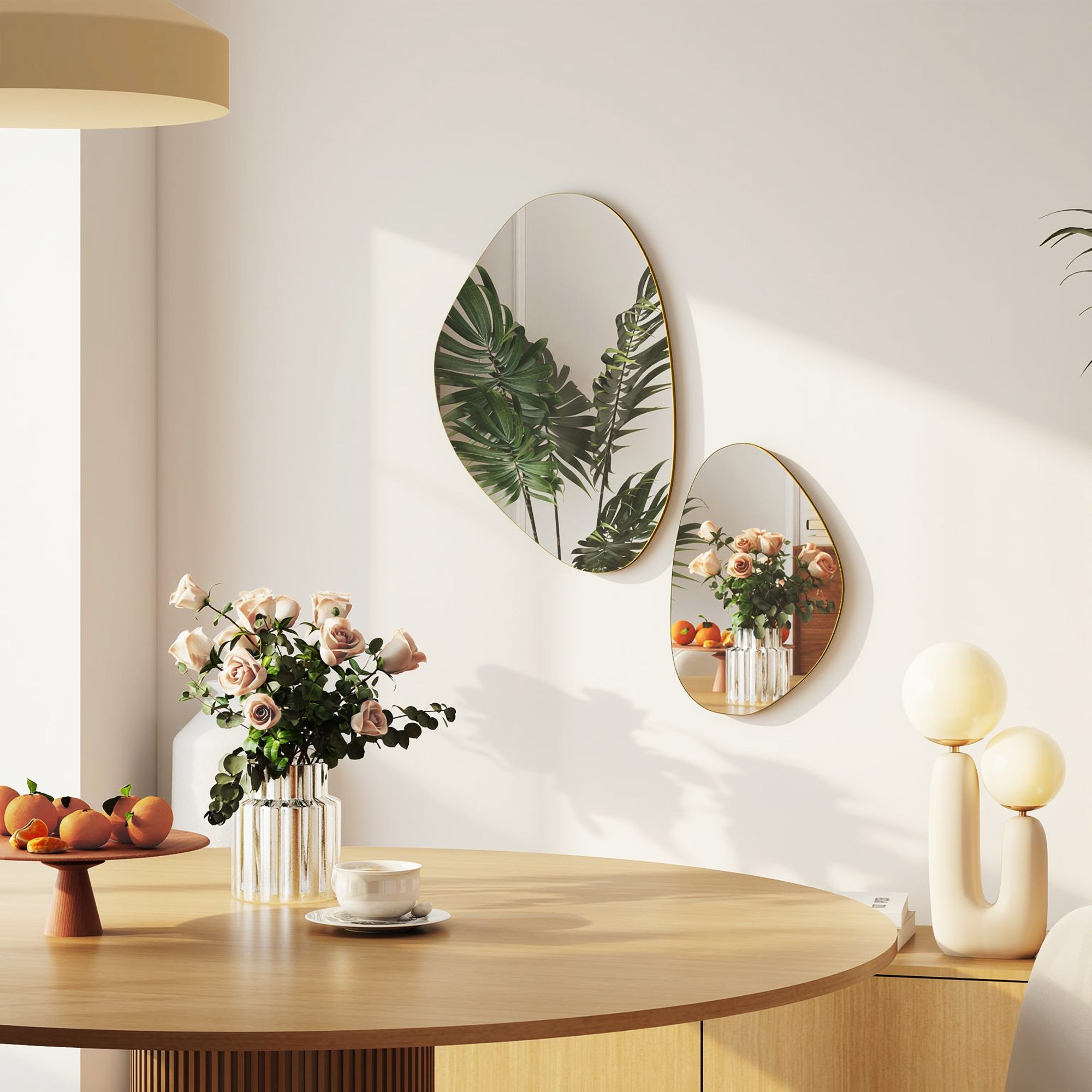 HOMCOM Set of 2 Pebble-Shaped Wall Mirror - Gold Tone 