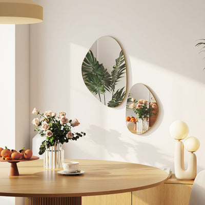 HOMCOM Set of 2 Pebble-Shaped Wall Mirror - Gold Tone 