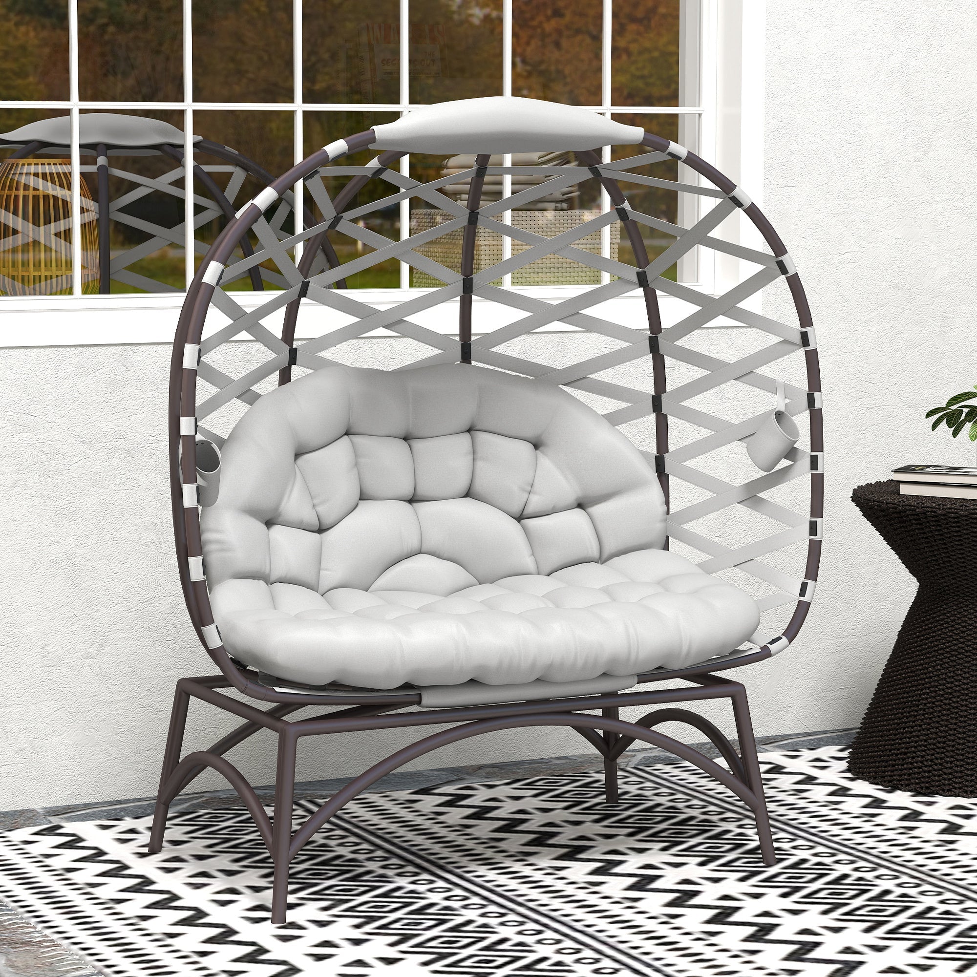 Outsunny 2 Seater Egg Chair Outdoor, Folding Weave Garden Furniture Chair with Cushion, Cup Pockets - Light Grey 