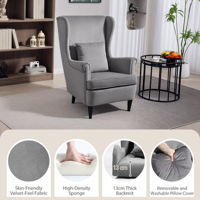 HOMCOM Modern Accent Chair, Upholstered Wingback Armchair with High Backrest and Pillow, Velvet-Feel Fabric Reading Chair with Solid Wood Legs for Living Room, Bedroom, Home Office, Dark Grey 