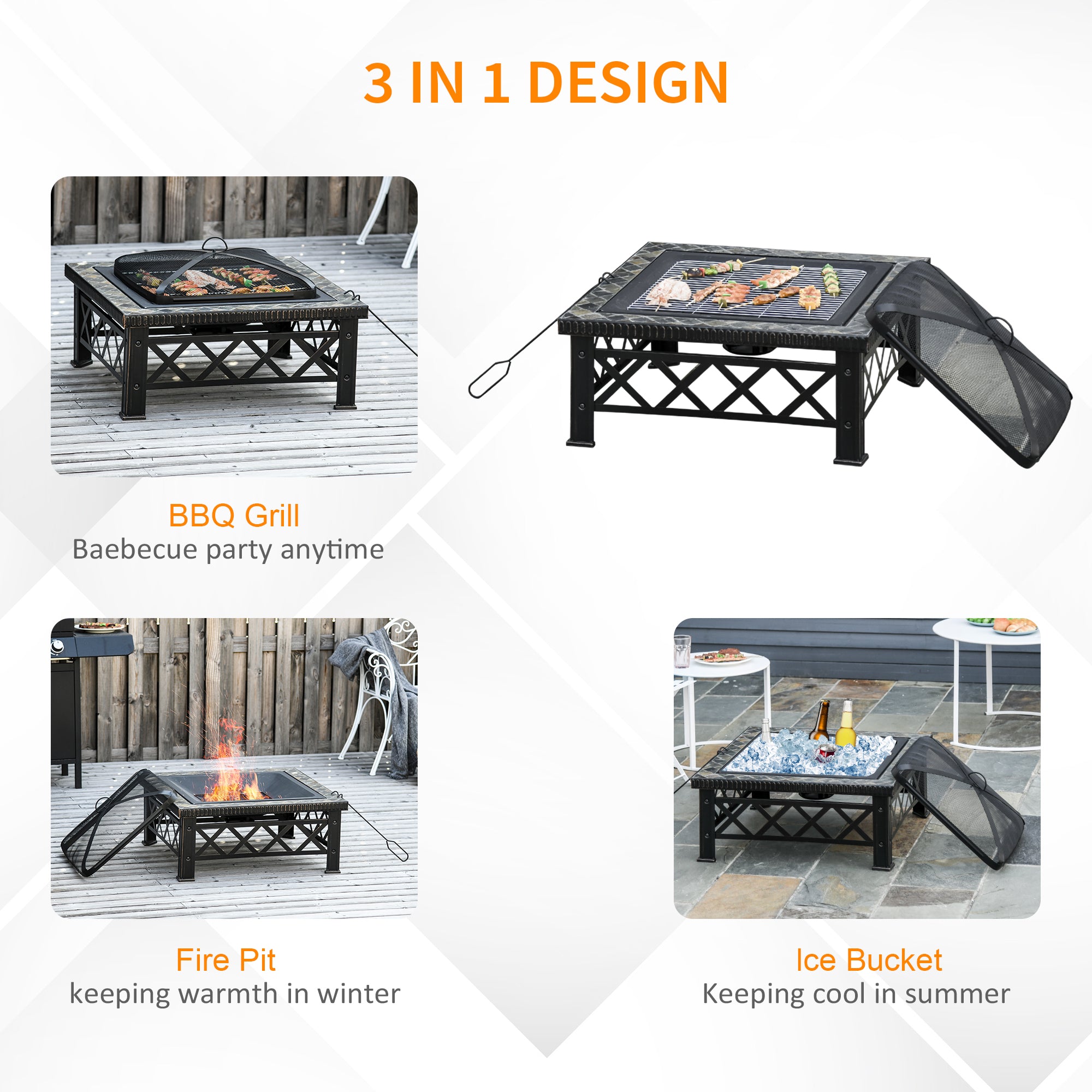 Outsunny Large Outdoor Fire Pit Table, 3 in 1 Square Wood Burning Firepit Metal Brazier, BBQ Grill, Ice Bucket w/ Grill Grate, Log Grate, Lid, Poker for Garden, Camping, Bonfire, 76 x 76 x 47cm, Black 