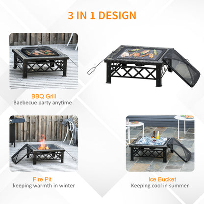 Outsunny Large Outdoor Fire Pit Table, 3 in 1 Square Wood Burning Firepit Metal Brazier, BBQ Grill, Ice Bucket w/ Grill Grate, Log Grate, Lid, Poker for Garden, Camping, Bonfire, 76 x 76 x 47cm, Black 