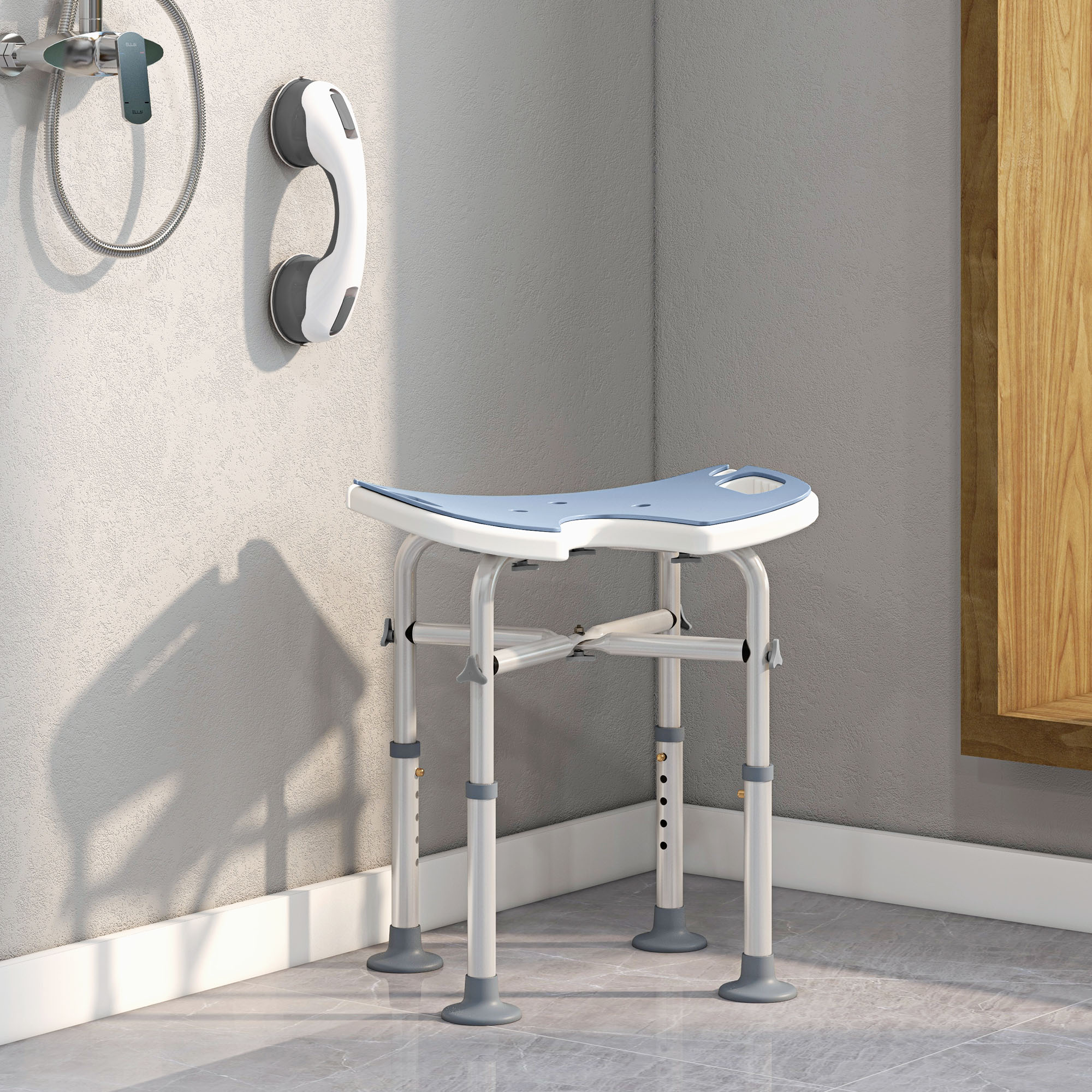 HOMCOM 39-51.5cm 'U' Seat Padded Shower Stool - Light Blue 